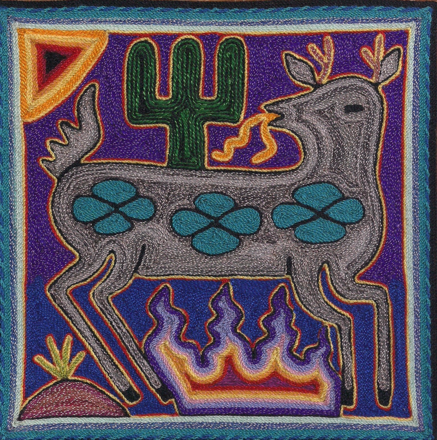 Huichol Deer & Buds Yarn Painting