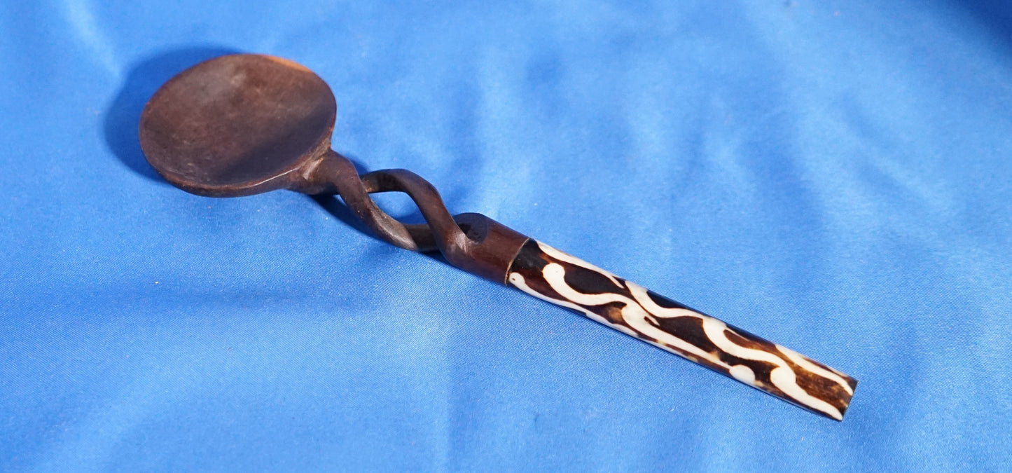 African Spiral Carved Wood & Camel Bone Spoon