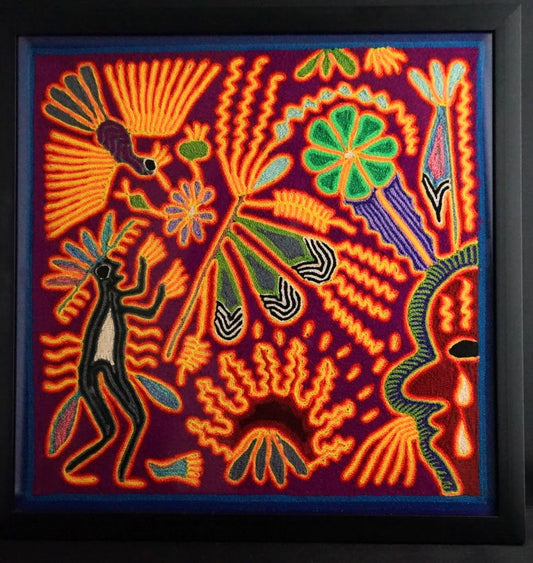 Huichol Yarn Painting Medicine Man & Bird